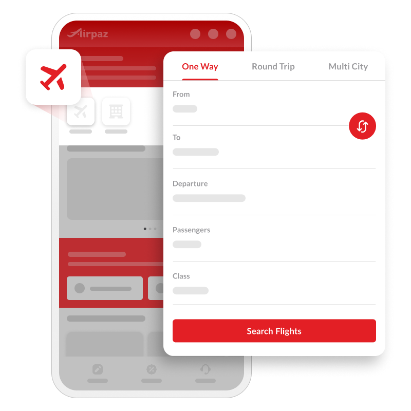 AirPaz flight search interface with date and passenger filters